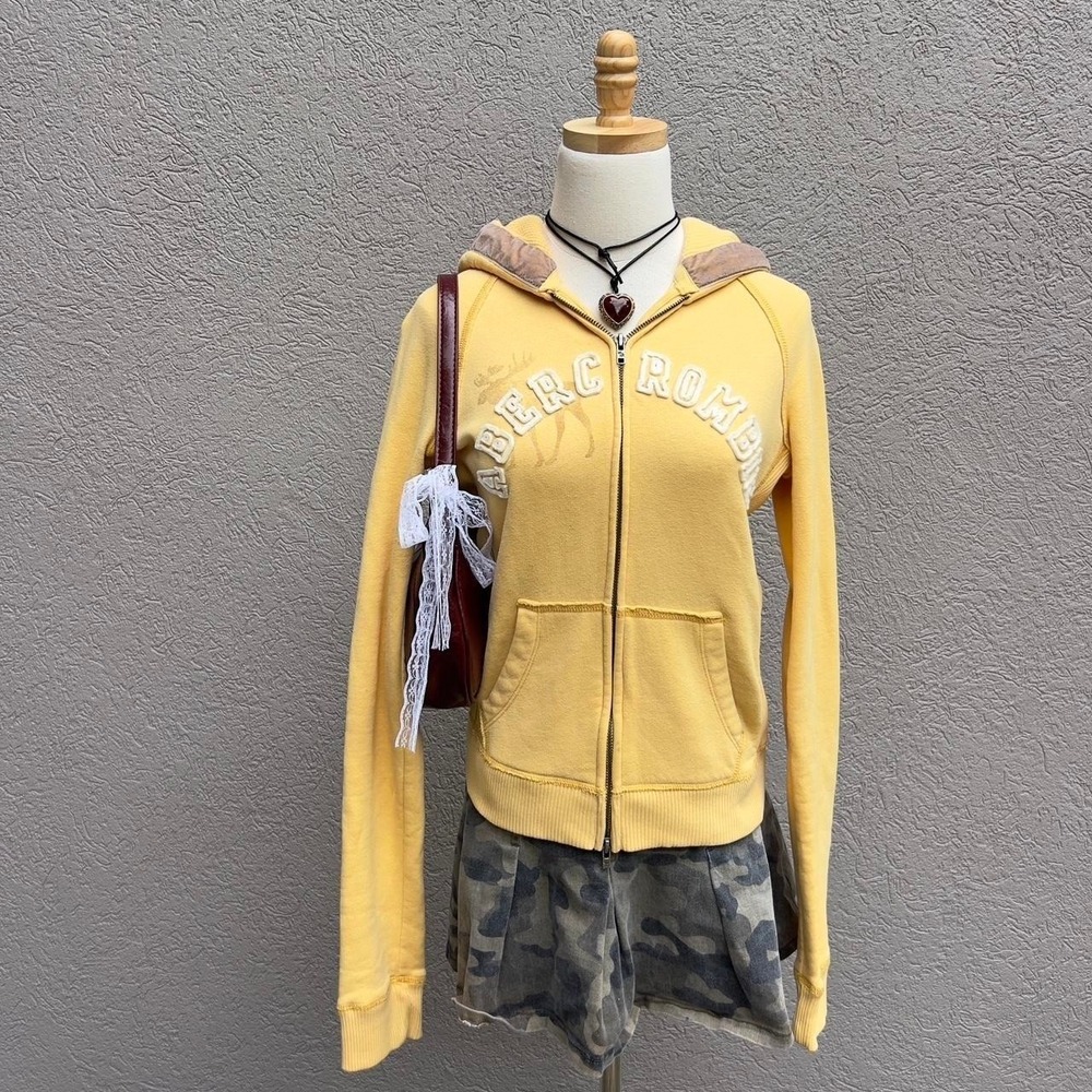 Vintage Y2K Abercrombie & Fitch Yellow Zip Up Hoodie Sweatshirt Jacket Sz M